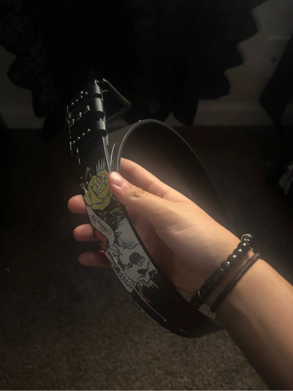 Ed Hardy Skull & Roses Graphic Belt Black Y2K Streetwear